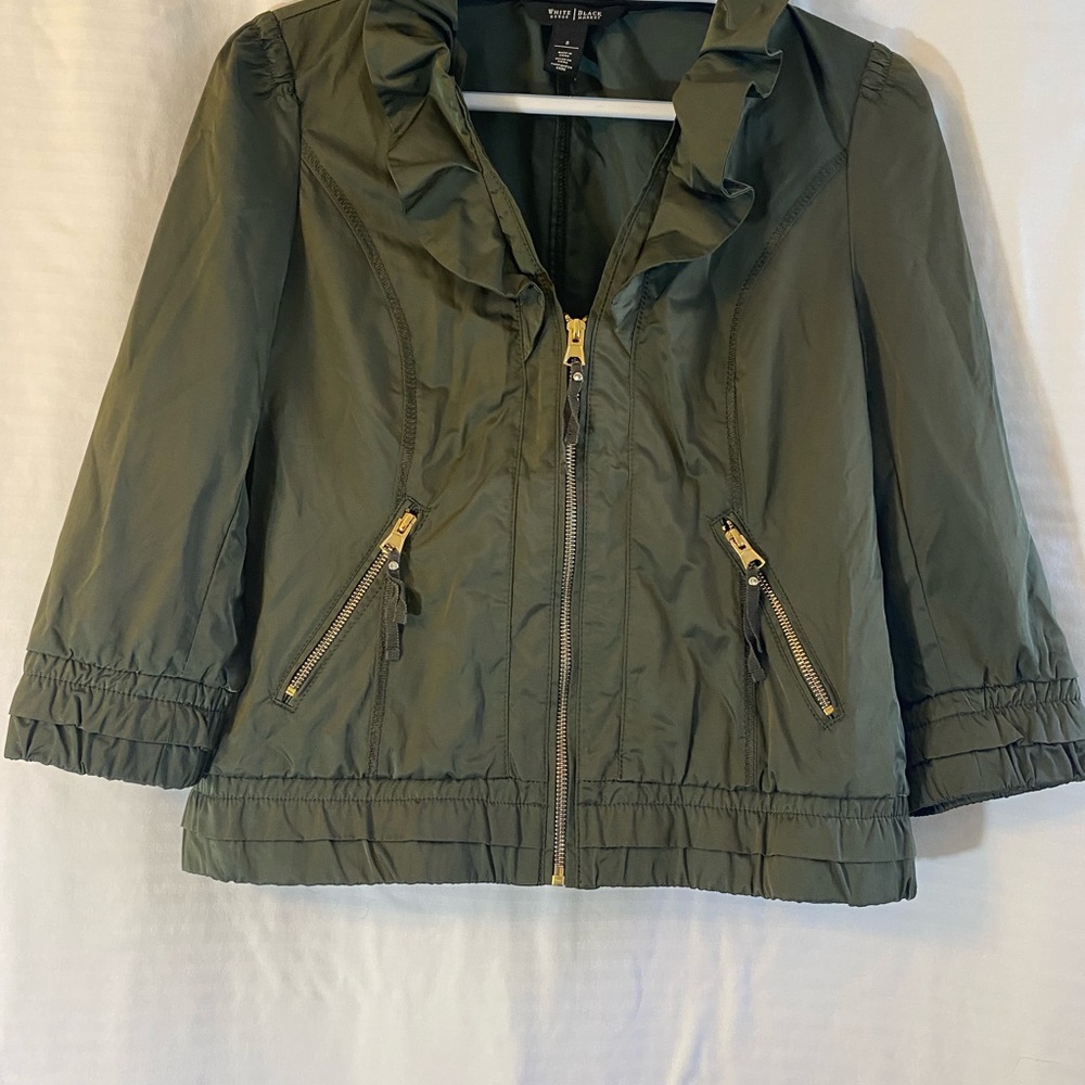 White House Black Market Olive Utility Jacket with Ruffle Trim